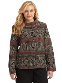 THE LOOKTribal-inspired designStand collarButton-frontDual patch pocketsLong sleeves with vented cuffsTHE FITAbout 25 from shoulder to hemTHE MATERIALWool/acrylic/polyamideCARE & ORIGINDry cleanImported THE LOOKTribal-inspired designStand collarButton-frontDual patch pocketsLong sleeves with vented cuffsTHE FITAbout 25 from shoulder to hemTHE MATERIALWool/acrylic/polyamideCARE & ORIGINDry cleanImported