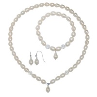 Sterling Silver White Pearl and Swarovski Crystal Drop Necklace 18, Bracelet 7.5 and Earrings Set (7-8mm) Sterling Silver White Pearl and Swarovski Crystal Drop Necklace 18, Bracelet 7.5 and Earrings Set (7-8mm)