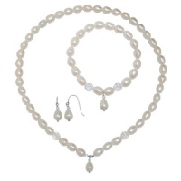 Sterling Silver White Pearl and Swarovski Crystal Drop Necklace 18, Bracelet 7.5 and Earrings Set (7-8mm)