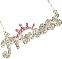 Adorable Silver Plated Bling PRINCESS Lettered Necklace Topped with Pink Crystal Crown