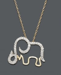 An elephant with its trunk up symbolizes good luck! An adorable cut-out elephant pendant features dazzling round-cut diamond accents along the top. Necklace crafted in 14k gold. Approximate length: 18 inches. Approximate drop: 1/2 inch x 3/4 inch. An elephant with its trunk up symbolizes good luck! An adorable cut-out elephant pendant features dazzling round-cut diamond accents along the top. Necklace crafted in 14k gold. Approximate length: 18 inches. Approximate drop: 1/2 inch x 3/4 inch.