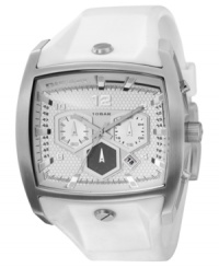 Charge up for any activity, or just every day with this chic and modern watch from Diesel. White silicone strap and square stainless steel case, 54x47mm. White chronograph dial features three subdials, date window, logo and stick indices. Quartz movement. Water resistant to 100 meters. Two-year limited warranty. Charge up for any activity, or just every day with this chic and modern watch from Diesel. White silicone strap and square stainless steel case, 54x47mm. White chronograph dial features three subdials, date window, logo and stick indices. Quartz movement. Water resistant to 100 meters. Two-year limited warranty.