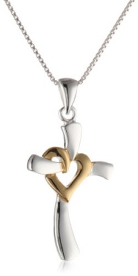 Sterling Silver and 14k Gold Over Sterling Silver Heart Centered Cross Pendant Necklace, 18 Sterling Silver and 14k Gold Over Sterling Silver Heart Centered Cross Pendant Necklace, 18