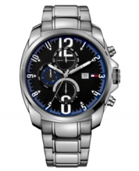 Tommy Hilfiger brings their iconic red, white and blue details to this classic steel watch design. Tommy Hilfiger brings their iconic red, white and blue details to this classic steel watch design.
