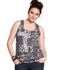 Get graphic with Eyeshadow's plus size tank, featuring a black-and-white mixed print that's begging to be paired with bold pops of color! Try with red or fuchsia lipstick or bright-hued bottoms. Get graphic with Eyeshadow's plus size tank, featuring a black-and-white mixed print that's begging to be paired with bold pops of color! Try with red or fuchsia lipstick or bright-hued bottoms.