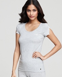 Lounge around in style and comfort. Juicy Couture's short sleeve tee in soft fabric with lace and button detail. Lounge around in style and comfort. Juicy Couture's short sleeve tee in soft fabric with lace and button detail.