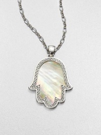 A mano di fatima pendant in iridescent mother-of-pearl surrounded by intricately designed sterling silver on a link chain. Mother-of-pearlSterling silverLength, about 18 to 20 adjustablePendant size, about 2.5Lobster claspImported A mano di fatima pendant in iridescent mother-of-pearl surrounded by intricately designed sterling silver on a link chain. Mother-of-pearlSterling silverLength, about 18 to 20 adjustablePendant size, about 2.5Lobster claspImported