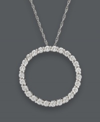 Looking for a classic look that's eternally stylish? This stunning open-cut circle pendant is truly timeless. Crafted in 14k white gold with a seamless row of sparkling, round-cut diamonds (1/2 ct. t.w.). Approximate length: 18 inches. Approximate drop: 5/8 inches. Looking for a classic look that's eternally stylish? This stunning open-cut circle pendant is truly timeless. Crafted in 14k white gold with a seamless row of sparkling, round-cut diamonds (1/2 ct. t.w.). Approximate length: 18 inches. Approximate drop: 5/8 inches.