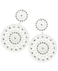 A fresh start. These bright white earrings by GUESS are perfect to build your look from. A chic doorknocker design glistens in round-cut crystal. Set in white-plated mixed metal with a post backing. Approximate drop: 3-1/4 inches. A fresh start. These bright white earrings by GUESS are perfect to build your look from. A chic doorknocker design glistens in round-cut crystal. Set in white-plated mixed metal with a post backing. Approximate drop: 3-1/4 inches.