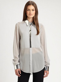 Super shiny, mirror-bright trim makes a dazzling contrast to sheer silk chiffon in this splashy style.Point collarLong full sleeves with snap cuffsHidden button placketCenter back reverse pleatAbout 29 from shoulder to hemSilk/elastaneHand washImportedSIZE & FITModel shown is 5'10 (177cm) wearing US size 4. Super shiny, mirror-bright trim makes a dazzling contrast to sheer silk chiffon in this splashy style.Point collarLong full sleeves with snap cuffsHidden button placketCenter back reverse pleatAbout 29 from shoulder to hemSilk/elastaneHand washImportedSIZE & FITModel shown is 5'10 (177cm) wearing US size 4.
