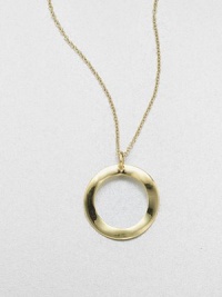 A radiant 18k gold circle pendant with a wavy design on a link chain. 18k goldLength, about 16-18 adjustablePendant size, about .8Lobster clasp closureImported 