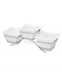 Set a smarter table with this Piazza server from Godinger. Sleek porcelain bowls fit in one easy-to-carry rack, offering a look that's truly timeless and designed with the host in mind. Fill with assorted dips, olives, chips or toppings. Set a smarter table with this Piazza server from Godinger. Sleek porcelain bowls fit in one easy-to-carry rack, offering a look that's truly timeless and designed with the host in mind. Fill with assorted dips, olives, chips or toppings.