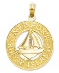 Oh the joys of sailing in Newport! Presenting a central sailboat icon, this 14k gold charm reads Newport Rhode Island. Chain not included. Approximate drop length: 1 inch. Approximate drop width: 7/10 inch. Oh the joys of sailing in Newport! Presenting a central sailboat icon, this 14k gold charm reads Newport Rhode Island. Chain not included. Approximate drop length: 1 inch. Approximate drop width: 7/10 inch.