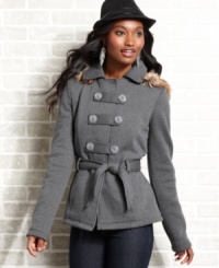 From the cool button-tab closure to the hood trimmed in faux-fur, great details make this belted jacket from YMI stand out from the pack. From the cool button-tab closure to the hood trimmed in faux-fur, great details make this belted jacket from YMI stand out from the pack.