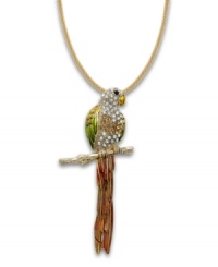 A tropical infusion. Sparkling crystals in subtle hues adorn this fashionable parrot pendant from Bar III. Crafted in gold tone mixed metal. Approximate length: 27 inches + 3-inch extender. Approximate drop: 4-7/16 inches. A tropical infusion. Sparkling crystals in subtle hues adorn this fashionable parrot pendant from Bar III. Crafted in gold tone mixed metal. Approximate length: 27 inches + 3-inch extender. Approximate drop: 4-7/16 inches.