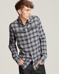 A slimmer fit brings old-school plaid up to speed in this John Varvatos Star USA shirt. A slimmer fit brings old-school plaid up to speed in this John Varvatos Star USA shirt.