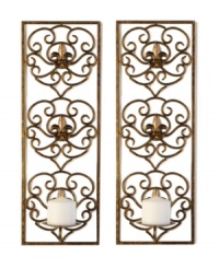 Warm up the home! Stacked pillar candles sit elegantly in front of Fleur-de-lys designs and are complemented by the shimmering gold tones of this romantic duo. Warm up the home! Stacked pillar candles sit elegantly in front of Fleur-de-lys designs and are complemented by the shimmering gold tones of this romantic duo.