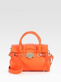 An elegant and sleek design in luxurious textured leather with shiny hardware.Double top handles, 4¼ dropDetachable adjustable shoulder strap, 12½-24½ dropFlip-lock flap closureProtective metal feetAdjustable strap around openingOne inside zip pocketOne inside open pocketSuede lining12W X 8H X 6DMade in Italy An elegant and sleek design in luxurious textured leather with shiny hardware.Double top handles, 4¼ dropDetachable adjustable shoulder strap, 12½-24½ dropFlip-lock flap closureProtective metal feetAdjustable strap around openingOne inside zip pocketOne inside open pocketSuede lining12W X 8H X 6DMade in Italy
