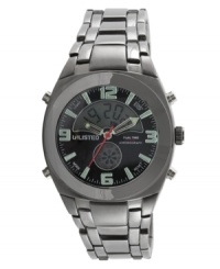 Industrial-strength style in sleek gunmetal. Watch by Unlisted crafted of gunmetal ion-plated mixed metal bracelet and round case. Black dial features luminous numerals at twelve, three, six and nine o'clock, stick indices, luminous hands, logo and digital display. Quartz movement. Splash resistant. Two-year limited warranty. Industrial-strength style in sleek gunmetal. Watch by Unlisted crafted of gunmetal ion-plated mixed metal bracelet and round case. Black dial features luminous numerals at twelve, three, six and nine o'clock, stick indices, luminous hands, logo and digital display. Quartz movement. Splash resistant. Two-year limited warranty.
