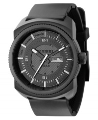 Get a modern sporty look with this dark watch by Diesel. Black polyurethane strap and round stainless steel case, 47mm. Black dial with white stick indices, date window and logo. Analog movement. Water resistant to 50 meters. Two-year limited warranty. Get a modern sporty look with this dark watch by Diesel. Black polyurethane strap and round stainless steel case, 47mm. Black dial with white stick indices, date window and logo. Analog movement. Water resistant to 50 meters. Two-year limited warranty.