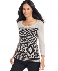 Style&co. makes the tribal trend totally wearable with this boldly patterned petite sweater, rendered in neutral, go-with-everything colors. Style&co. makes the tribal trend totally wearable with this boldly patterned petite sweater, rendered in neutral, go-with-everything colors.
