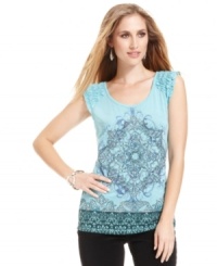 Ruffles, rhinestones and a sweet print create a boho chic look on this petite Style&co. top! Ruffles, rhinestones and a sweet print create a boho chic look on this petite Style&co. top!