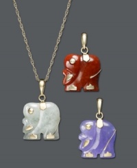 Mix and match while adding a touch of good luck! Three interchangeable elephant charms carved out of jade (13 mm) come in hues of green, lavender, and red. Setting and chain crafted in 14k gold. Approximate length: 18 inches. Approximate drop: 1 inch. Mix and match while adding a touch of good luck! Three interchangeable elephant charms carved out of jade (13 mm) come in hues of green, lavender, and red. Setting and chain crafted in 14k gold. Approximate length: 18 inches. Approximate drop: 1 inch.