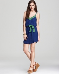 Rich embroidered accents lend an artisan feel to this Ella Moss dress, finished with a waist-cinching belt. Rich embroidered accents lend an artisan feel to this Ella Moss dress, finished with a waist-cinching belt.