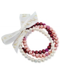 Beauty in bunches. Pink plays a starring role in this set of three cultured freshwater pearl (7-8 mm) stretch bracelets that offer a classic chic feel, with crystals adding luster. Approximate length: 7-1/2 inches. Beauty in bunches. Pink plays a starring role in this set of three cultured freshwater pearl (7-8 mm) stretch bracelets that offer a classic chic feel, with crystals adding luster. Approximate length: 7-1/2 inches.