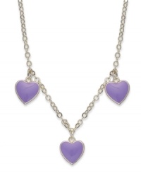Hearts are all in the right place. Lily Nily's station necklace, set in 18k gold over sterling silver, offers a vibrant look with purple enamel hearts. Item comes packaged in a signature Lily Nily Gift Box. Approximate length: 16 inches. Approximate drop: 3/8 inch. Hearts are all in the right place. Lily Nily's station necklace, set in 18k gold over sterling silver, offers a vibrant look with purple enamel hearts. Item comes packaged in a signature Lily Nily Gift Box. Approximate length: 16 inches. Approximate drop: 3/8 inch.
