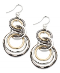 Good style comes in threes. Alfani's chic circular earrings feature an interlocking design in silver, gold, and hematite tone mixed metal. Approximate drop: 2-3/4 inches. Good style comes in threes. Alfani's chic circular earrings feature an interlocking design in silver, gold, and hematite tone mixed metal. Approximate drop: 2-3/4 inches.