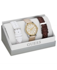 Mix and match to your heart's content with this interchangeable watch set from GUESS. Mix and match to your heart's content with this interchangeable watch set from GUESS.
