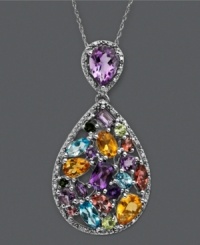 Adorn your neckline with a teardrop bursting with color. Town & Country's vivacious pendant features a multitude of sparkling gemstones including diamond (1/5 ct. t.w.), green tourmaline (1/10 ct. t.w.), pink tourmaline (5/8 ct. t.w.), amethyst (1-1/5 ct. t.w.), blue topaz (1-1/4 ct. t.w.), citrine (1 ct. t.w.), and peridot accents. Approximate length: 18 inches. Approximate drop: 1-1/2 inches. Adorn your neckline with a teardrop bursting with color. Town & Country's vivacious pendant features a multitude of sparkling gemstones including diamond (1/5 ct. t.w.), green tourmaline (1/10 ct. t.w.), pink tourmaline (5/8 ct. t.w.), amethyst (1-1/5 ct. t.w.), blue topaz (1-1/4 ct. t.w.), citrine (1 ct. t.w.), and peridot accents. Approximate length: 18 inches. Approximate drop: 1-1/2 inches.