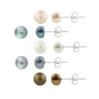 Sterling Silver 5 Pair Multi Color Freshwater Pearl White, Peacock, Pink, Grey, Chocolate Stud Earring Set Sterling Silver 5 Pair Multi Color Freshwater Pearl White, Peacock, Pink, Grey, Chocolate Stud Earring Set