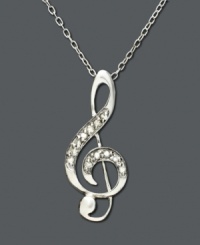 Give the gift of musical inspiration with this lyrical masterpiece. Pendant features a scrolling sterling silver music note encrusted with diamonds (1/10 ct. t.w.). Approximate length: 18 inches. Approximate drop: 1 inch. Give the gift of musical inspiration with this lyrical masterpiece. Pendant features a scrolling sterling silver music note encrusted with diamonds (1/10 ct. t.w.). Approximate length: 18 inches. Approximate drop: 1 inch.