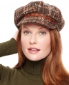 Here's the scoop: this newsboy cap from Nine West is the perfect companion for easy-going style. Soft boucle is accented with a faux patent leather band, for a look that's fabulously front page.