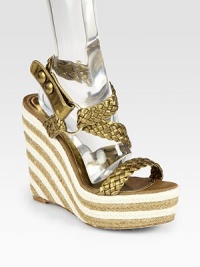 Striped espadrille wedge and braided leather strap lend a textural touch to this age-blind basic. Hemp wedge, 5 (125mm)Hemp platform, 1½ (40mm)Compares to a 3½ heel (90mm)Metallic leather upperLeather lining and solePadded insoleMade in ItalyOUR FIT MODEL RECOMMENDS ordering true whole size; ½ sizes should order the next whole size down. Striped espadrille wedge and braided leather strap lend a textural touch to this age-blind basic. Hemp wedge, 5 (125mm)Hemp platform, 1½ (40mm)Compares to a 3½ heel (90mm)Metallic leather upperLeather lining and solePadded insoleMade in ItalyOUR FIT MODEL RECOMMENDS ordering true whole size; ½ sizes should order the next whole size down.