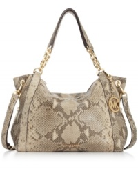 Revel in reptilian charm with this posh, python-embossed design from MICHAEL Michael Kors. Soft leather in dressed in golden hardware and chain-link straps, while the spacious interior stows all your everyday essentials with ease. Revel in reptilian charm with this posh, python-embossed design from MICHAEL Michael Kors. Soft leather in dressed in golden hardware and chain-link straps, while the spacious interior stows all your everyday essentials with ease.