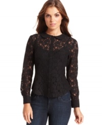 Go for a darkly romantic style with this Kensie lace blouse -- perfect for a chic day-to-night look! Go for a darkly romantic style with this Kensie lace blouse -- perfect for a chic day-to-night look!