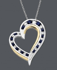 A symbolic design to keep close to your heart. An open-cut heart pendant features a shimmering pattern of alternating round-cut sapphires (1/2 ct. t.w.) and diamond accents. Necklace crafted in sterling silver with rich 14k gold accents. Approximate length: 18 inches. Approximate drop: 3/4 inch. A symbolic design to keep close to your heart. An open-cut heart pendant features a shimmering pattern of alternating round-cut sapphires (1/2 ct. t.w.) and diamond accents. Necklace crafted in sterling silver with rich 14k gold accents. Approximate length: 18 inches. Approximate drop: 3/4 inch.