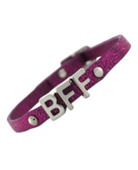 The perfect companion piece. BCBGeneration's BFF mini affirmation bracelet is crafted from silver-tone mixed metal on a metallic pink bracelet for a whimsical effect. Approximate length: 8 inches. The perfect companion piece. BCBGeneration's BFF mini affirmation bracelet is crafted from silver-tone mixed metal on a metallic pink bracelet for a whimsical effect. Approximate length: 8 inches.