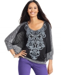 This petite top from Style&co. is anything but basic! Trendy elements like colorblocking, dolman sleeves, a banded hem and a chic print create a marvelous combination! This petite top from Style&co. is anything but basic! Trendy elements like colorblocking, dolman sleeves, a banded hem and a chic print create a marvelous combination!