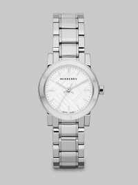 A classic style with an iconic check stamped dial. Quartz movementWater resistant to 5 ATMRound stainless steel case, 26mm (1)Smooth bezelCheck stamped dialBar hour markersSecond hand Stainless steel link braceletMade in Switzerland 