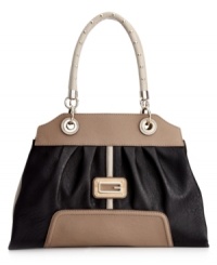 Clean lines and subtle detailing give this stunning style from GUESS the right look for any occasion. A studded handle and wood detailed front logo give unique appeal to this lady-like satchel silhouette. Clean lines and subtle detailing give this stunning style from GUESS the right look for any occasion. A studded handle and wood detailed front logo give unique appeal to this lady-like satchel silhouette.