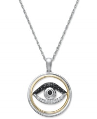 Ward away evil spirits in style! This stunning evil eye pendant features an intricate, cut-out setting that shines with sparkling, round-cut white diamonds (1/10 ct. t.w.) and black diamond accents. Comes with a matching rope chain. Crafted in 14k gold and sterling silver for ultimate versatility. Approximate length: 18 inches. Approximate drop: 9/10 inch. Ward away evil spirits in style! This stunning evil eye pendant features an intricate, cut-out setting that shines with sparkling, round-cut white diamonds (1/10 ct. t.w.) and black diamond accents. Comes with a matching rope chain. Crafted in 14k gold and sterling silver for ultimate versatility. Approximate length: 18 inches. Approximate drop: 9/10 inch.