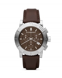 Add a dash of contemporary British sensibility to your look with Burberry's brown-faced chronograph. Wear it to give tailored office attire a timeless edge. Add a dash of contemporary British sensibility to your look with Burberry's brown-faced chronograph. Wear it to give tailored office attire a timeless edge.