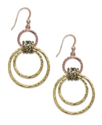 Ring in the season. Style&co.'s versatile tri-tone earrings feature a unique hammered design with multiple rings. Set in gold, rose-gold and black spot tone mixed metal. Approximate drop: 1-3/4 inches. Ring in the season. Style&co.'s versatile tri-tone earrings feature a unique hammered design with multiple rings. Set in gold, rose-gold and black spot tone mixed metal. Approximate drop: 1-3/4 inches.