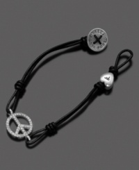 Chic and charming, this bracelet from Fossil gives the classic peace symbol a little bling with glittering crystal accents set in silvertone mixed metal. With an adjustable black leather cord and silvertone mixed metal button and heart charms. Measures approximately 7-1/2 inches long. Chic and charming, this bracelet from Fossil gives the classic peace symbol a little bling with glittering crystal accents set in silvertone mixed metal. With an adjustable black leather cord and silvertone mixed metal button and heart charms. Measures approximately 7-1/2 inches long.