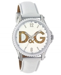 Revealing style. Watch by D&G crafted of white leather strap and round stainless steel case. Silver tone grid-patterned dial features numerals at twelve and six o'clock, stick indices, black minute track, three hands and gold tone logo cutout at center. Quartz movement. Water resistant to 50 meters. Two-year limited warranty. Revealing style. Watch by D&G crafted of white leather strap and round stainless steel case. Silver tone grid-patterned dial features numerals at twelve and six o'clock, stick indices, black minute track, three hands and gold tone logo cutout at center. Quartz movement. Water resistant to 50 meters. Two-year limited warranty.