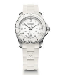 Clean white softens the look of this Maverick GS watch by Victorinox Swiss Army. White rubber strap and round stainless steel case. Unidirectional rotating bezel with white lacquer finish and anti-reflective, triple-coated sapphire crystal. White dial features applied silver tone stick indices, minute track, military time, date window at six o'clock, luminous hands and logo. Swiss quartz movement. Water resistant to 100 meters. Three-year limited warranty. Clean white softens the look of this Maverick GS watch by Victorinox Swiss Army. White rubber strap and round stainless steel case. Unidirectional rotating bezel with white lacquer finish and anti-reflective, triple-coated sapphire crystal. White dial features applied silver tone stick indices, minute track, military time, date window at six o'clock, luminous hands and logo. Swiss quartz movement. Water resistant to 100 meters. Three-year limited warranty.